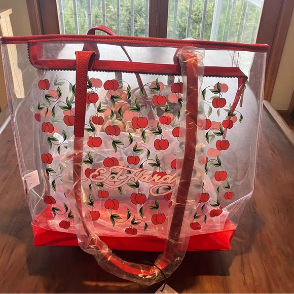 Ed Hardy Clear Tote with Cherry Design and Red Accents - Picture 1 of 7